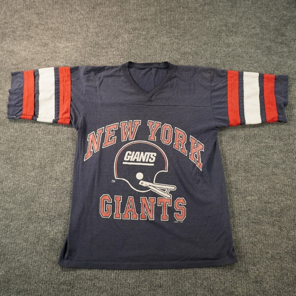 Vintage Logo 7 New York Giants T-Shirt Men Large Navy Blue Striped Sleeve NFL